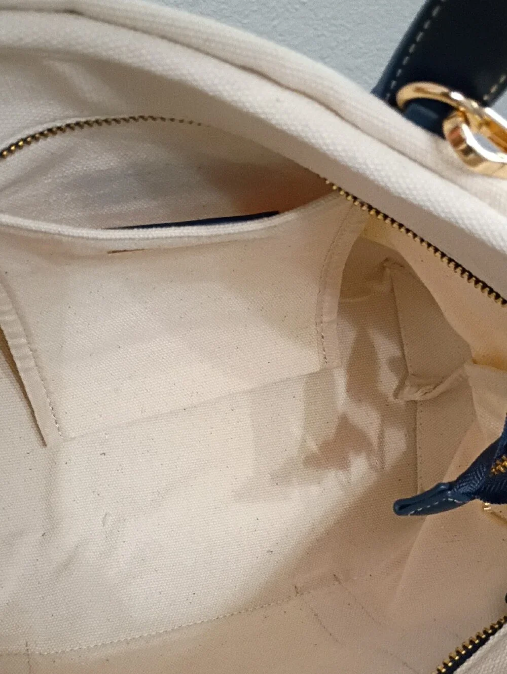 Steve Madden Cream and Navy Canvas Tote with Gold Hardware